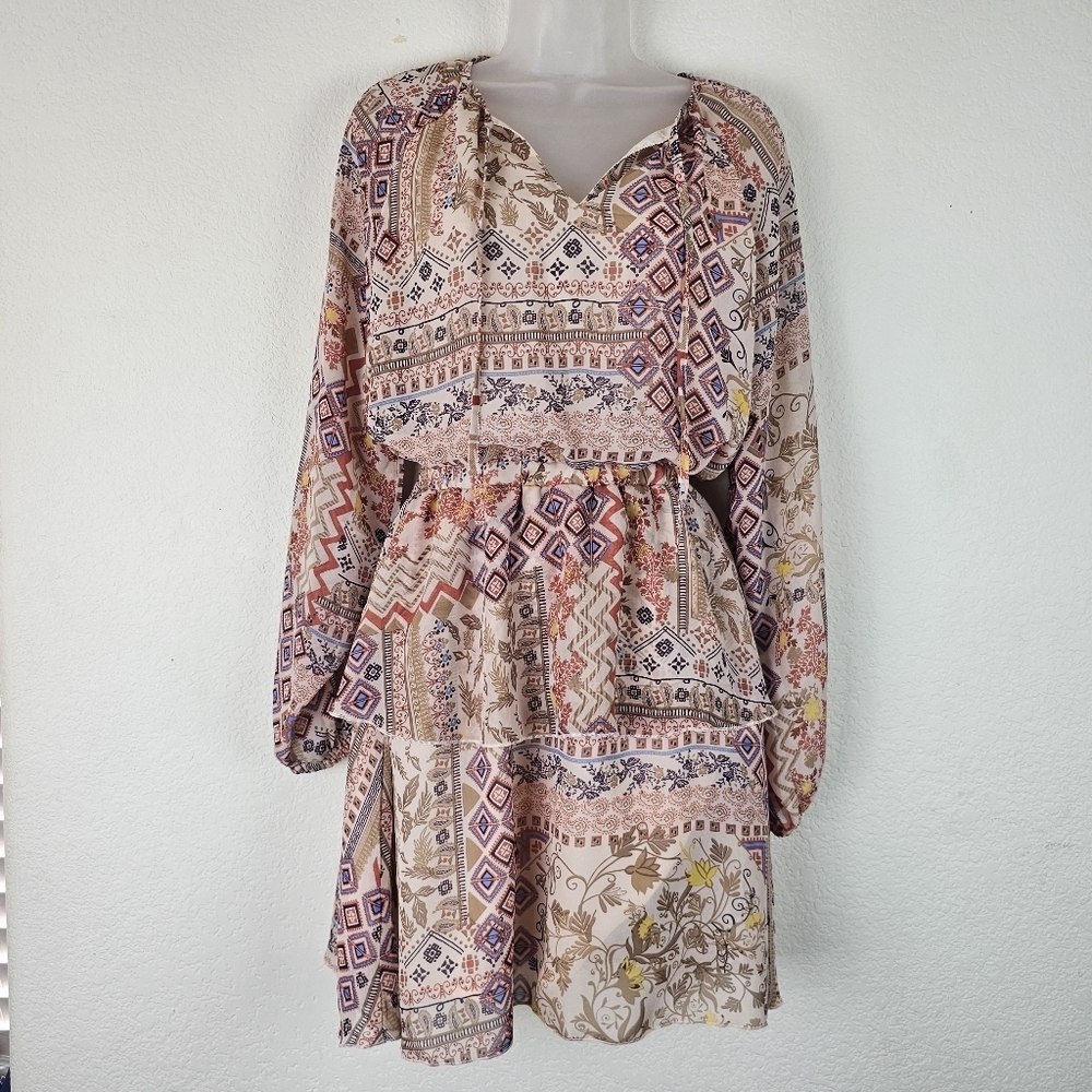 NWT LASCANA About You Long Sleeve Boho Shirt Dress Mixed Print Size 2 - Picture 4 of 16